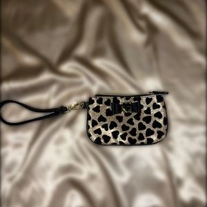 Betsey Johnson Gold Sparkling Wristlet/Change Purse with Black Hearts